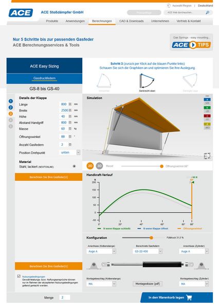 Unter www.ace-ace.de im Untermenü „Berechnungen“ lassen sich Industriegasfedern in kurzer Zeit berechnen, auslegen und bestellen. (Bild: ACE Stoßdämpfer GmbH)