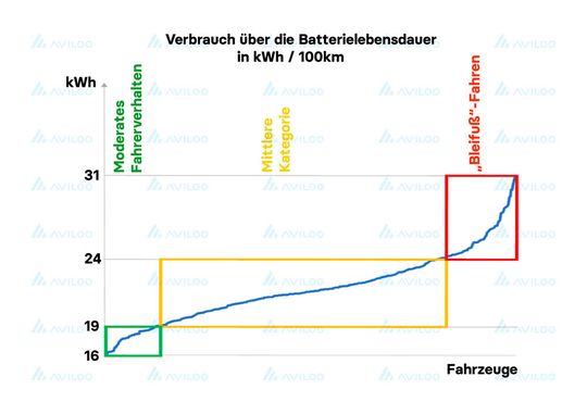Die große Mehrheit der Fahrer verbrauchte zwischen 19 und 24 kWh auf 100 Kilometern. Es geht aber auch deutlich weniger – oder mehr.(Bild:  Aviloo)