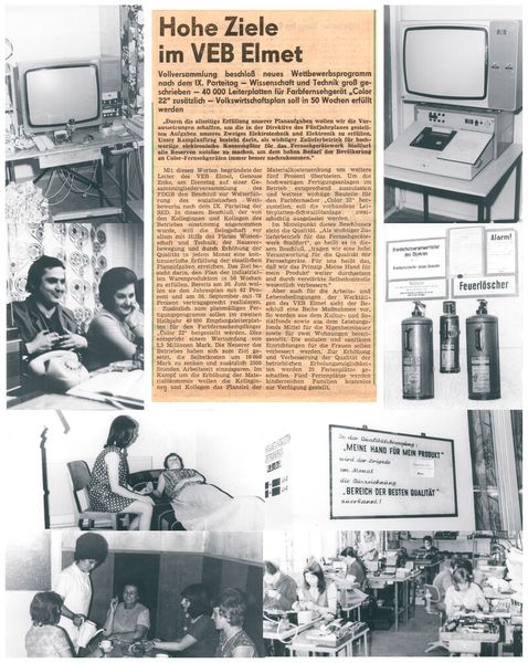 Hohe Ziele, viel Handarbeit und frühe Elektroniktechnik: Die Collage aus den Jahren 1972 bis 1976 gibt Einblick in die Zeit des VEB Elmet und zeigt die technischen Wurzeln, aus denen später VTQ hervorging. Fotos aus Entwicklung und Fertigung sowie historische Zeitungsausschnitte dokumentieren den industriellen Alltag dieser Jahre. (Bild: VTQ Videotronik GmbH)