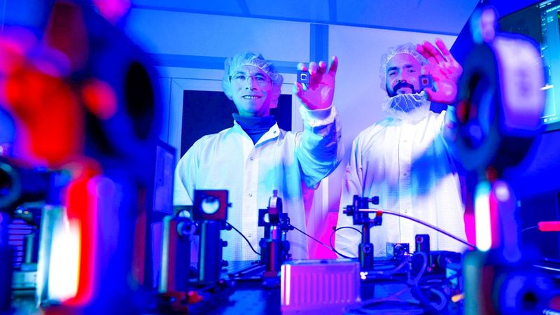Dr. Maxim Darvin (rechts) und Felix Bennewitz untersuchen am Fraunhofer IPMS in Cottbus den Einsatz von Mikrospiegeln zur adaptiven Korrektur optischer Abbildungsfehler.(Bild:  Sascha Thor, BTU)