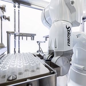 Der Stäubli-Roboter füllt die Hyaluronsäure in sterile Gefässe ab.