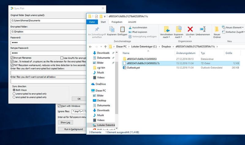 Durch Aktivieren der Option „Encrypt filenames“ in den Optionen des Ordnerpaares, wird auch der Name der Verzeichnisse geändert. Außerdem kann festgelegt werden, dass nicht „*7z“ als Dateiendung zu verwenden, sondern „*.cryptsync“. Auch diese Option steht bei der Konfiguration des Ordnerpaares zur Verfügung. Beim Entpacken wird aber wieder der originale Name verwendet. (Thomas Joos)