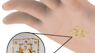 Schematische Darstellung eines 2D-Magnetfeldsensors, der auf einer Handfläche montiert ist. (Helmholtz-Zentrum Dresden-Rossendorf e.V.)