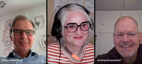 Am 24. April 2026 haben sich Klaus Entenmann (l.), Burkhard Steinmacher-Burrow von Expetedit und Ulrike Ostler, Chefredakteurin von DataCenter-Insider, im virtuellen Studio zum Gespräch getroffen. Alle Leserinnen und Leser dürfen mithören. (Bild:  Vogel IT-Medien GmbH)