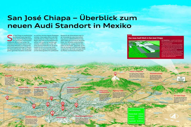 Der neue Audi-Standort San José Chiapa in Mexiko liegt 2.400 Metern über dem Meeresspiegel, zwischen Mexiko-City und Puebla-City. (Audi)