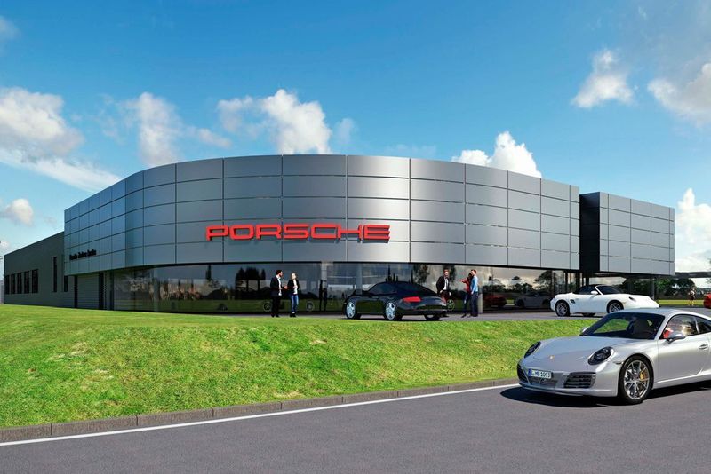 Visualisierung des neuen Porsche-Zentrums in Landau, das im Februar 2018 eröffnen soll. (Dienberg Architekten Gelsenkirchen)
