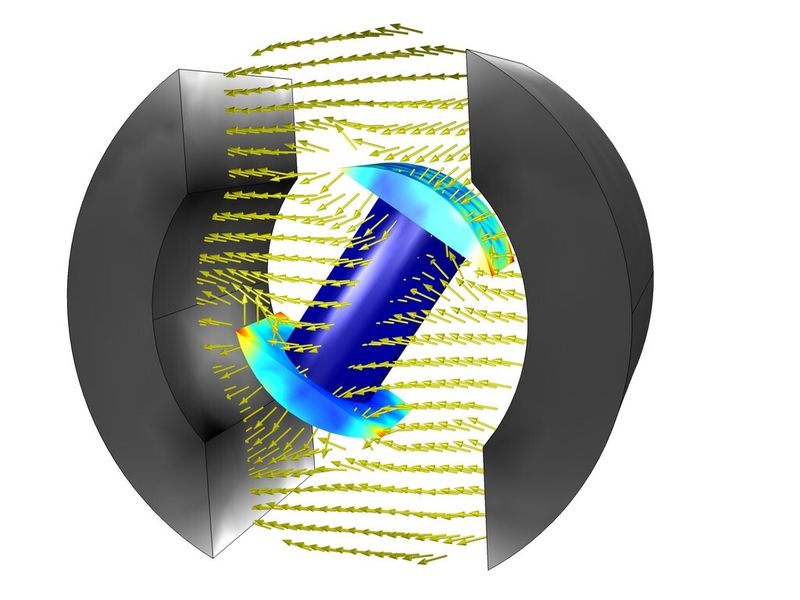 Mit dem AC/DC Modul können nun auch rotierende Elektromotoren dreidimensional modelliert werden. Das Bild zeigt einen DC-Bürstenmotor, der mit dem neuen „3D Rotating Machinery“ Interface modelliert wurde. Dargestellt sind B-Feld, Spulenstrom, Axial-Moment und Rotationswinkel. (Bild: Comsol Multiphysics)