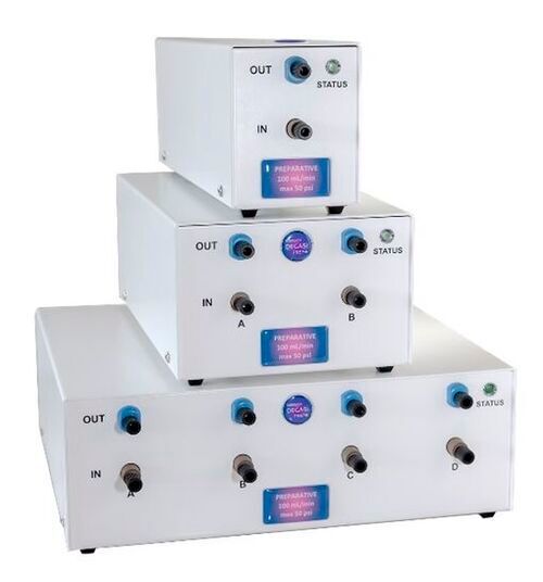 The Degasi Prep+ in-line membrane degasser from Biotech Fluidics can be used at flow rates of up to 150 mL/minute even with aggressive media and organic solvents. (Source:  Biotech Fluidics)