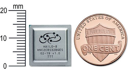Hailo, Spezialist für Embedded-Technologien, denkt die traditionellen Säulen der Computerarchitektur neun und bringt mit KI-Chips die Leistung eines Rechners der Rechenzentrumsklasse direkt auf Endgeräte. Für autonome Fahrzeuge kann der Deep-Learning Cip Hailo-8 umfangreiche Datenmengen analysieren, um die Wahrnehmung der Fahrzeugumgebung in Echtzeit zu optimieren - bei deutlich reduziertem Energieverbrauch. In Smart-Home-Geräten (z.B. virtuelle Assistenten) ermöglicht der winzige Hailo-Chip die Datenverarbeitung an der Quelle, was zu mehr Privatsphäre, mehr Zuverlässigkeit und kürzeren Reaktionszeiten führt.  (Bild: Hailo)