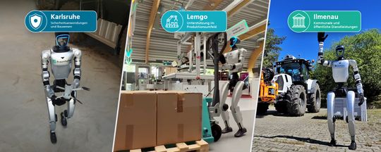 Die drei Standorte des Humanoid Robots Experience Lab setzen unterschiedliche Schwerpunkte: Karlsruhe fokussiert sicherheitskritische Umgebungen, Lemgo industrielle Automation und Ilmenau Landwirtschaft, kommunale Anwendungen sowie kritische Infrastrukturen.(Bild:  Fraunhofer IOSB)