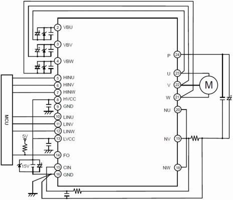 Bild 3: Einsatzbeispiel für elektrische Antriebe. Derzeit arbeitet ROHM an der Entwicklung der IPMs der 3. Generation mit miniaturisierten IGBTs, SiC-MOSFETs und hochgenauen Temperaturerfassungs-Funktionen. (Bild: ROHM)