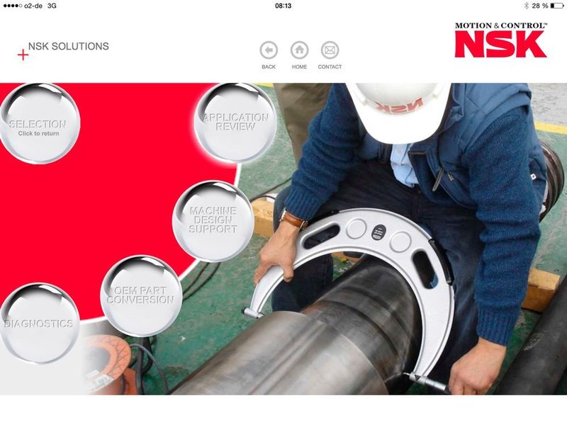 Mit der aktualisierten NSK-Solutions-App können Nutzer sich sehr eingehend über AIP-Services informieren. Per Klick auf vier Stahlkugeln ist Näheres zu „Überprüfung“, „Empfehlung“, „Schulung“ und „Inspektion