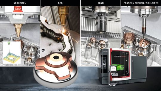 «Lasertec DED hybrid»: 6-in-1-Prozess für die effiziente Serienfertigung. DMG Mori optimiert die Prozesskette rund um die hybriden Maschinen zusätzlich mit intelligenten Technologien.(Bild:  DMG Mori)