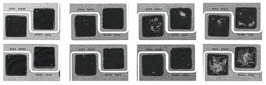 v.l.n.r: vorheriger Serienprozess, Stannol TG6000, Alternative 1, Alternative 2.  In der Infrarotuntersuchung der Kupferoberfläche konnten beim TG6000 keine messbaren Rückstände auf der Kupferoberfläche nachgewiesen werden. (Bild:  Siemens AG)