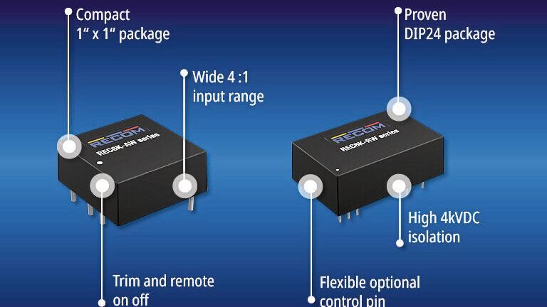 Die geregelten 6-W-DC/DC-Wandler der Serien REC6K-AW und REC6K-RW sind für Industrieanwendungen ausgelegt und unterscheiden sich unter anderem hinsichtlich Gehäuseformat und Isolationsfestigkeit.(Bild:  RECOM Power GmbH)