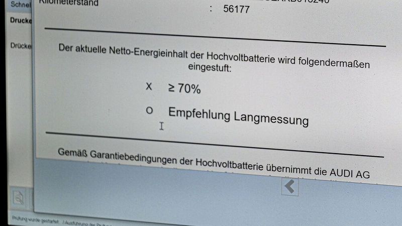 ... von 70 Prozent lag. Doch mit einem Langzeittest lässt sich auch der genaue Wert ermitteln. Der SoH lag beim Audi (Baujahr 2019, Laufleistung 56.040 Kilometer) bei 94 Prozent. Respekt! (Bild: Schmidt – VCG)