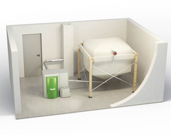 Abbildung 3: Einbau-Beispiel einer Pelletheizung mit Kunststofftank für Lagerung der Pallets im selben Raum – Ein Schneckensystem transportiert die Holzpellets in den Pellematic-Heizofen von ÖkoFEN. (Bild: Computent/ÖkoFEN)