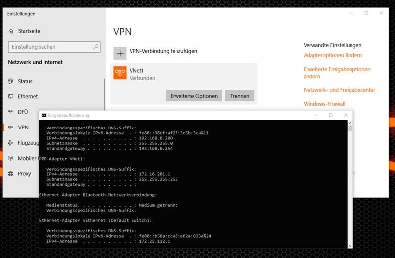 Ein Blick in die Kommandozeile per ipconfig zeigt, dass die VPN-Verbindung funktioniert.