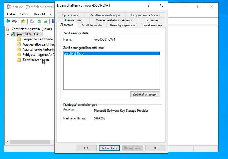 Anzeigen des Hashalgorithmus und des Kryptografieanbieters einer CA. (Bild: Microsoft / Joos)
