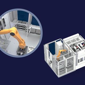 Automationszelle mit Schubladensystem: Hier werden die Werkstücke auf verschiedenen Ebenen dem Roboter bereitgestellt. Während die Schubladen bestückt werden, versorgt der Roboter die Maschine mit Werkstücken.(Bild:  Emag)