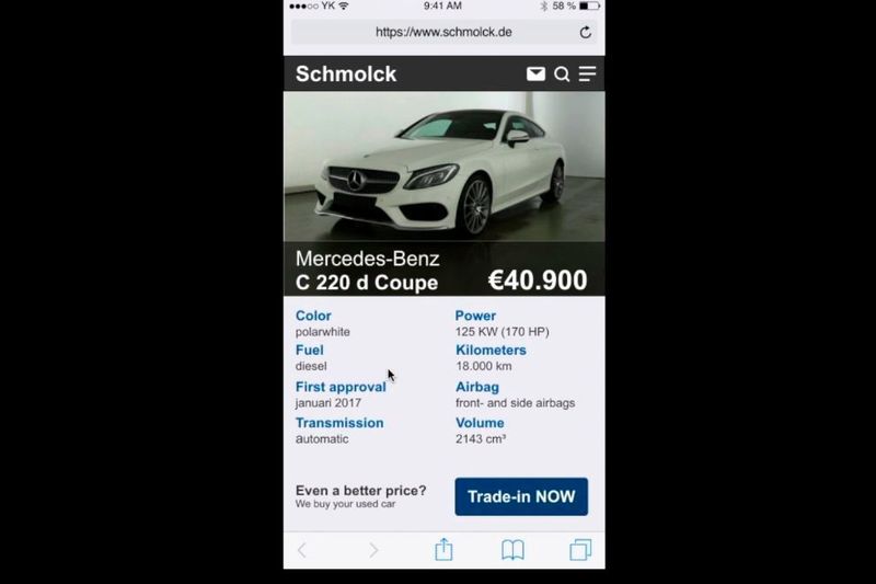 Der Interessent kann in der App gleich auf den Button „Trade-in NOW“ klicken, wenn ihm ein Fahrzeug gefällt. (SalesCre8)