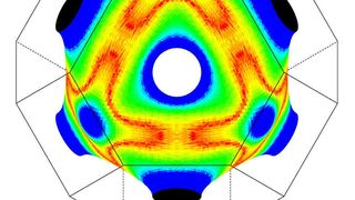 Die Fermi-Fläche um ein Kobaltatom, das in Kupfer eingebettet ist. Die Farben geben die Krümmung der Fläche wieder, die die Reflektionseigenschaften für Elektronenwellen bestimmt.  (Bild: Forschungszentrum Jülich)