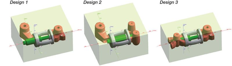 Drei der insgesamt 12 simulierten unterschiedlichen Varianten für Gießtechnik und Gussteildesign (Magma Gießereitechnologie)