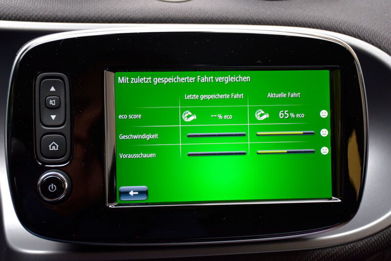 Der Fahrzeugcomputer errechnet, wie ökologisch und effizient der Fahrer den Elektro-Smart bewegt. (Schweitzer)