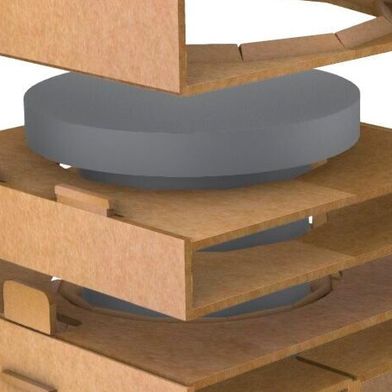 Das System besteht aus einem Unterteil, einem faltbaren Mittelteil und einem Oberteil, das die breitere Seite der Druckpackung (grau) abdeckt und diese nach oben hin fixiert. (Bild: Antalis)