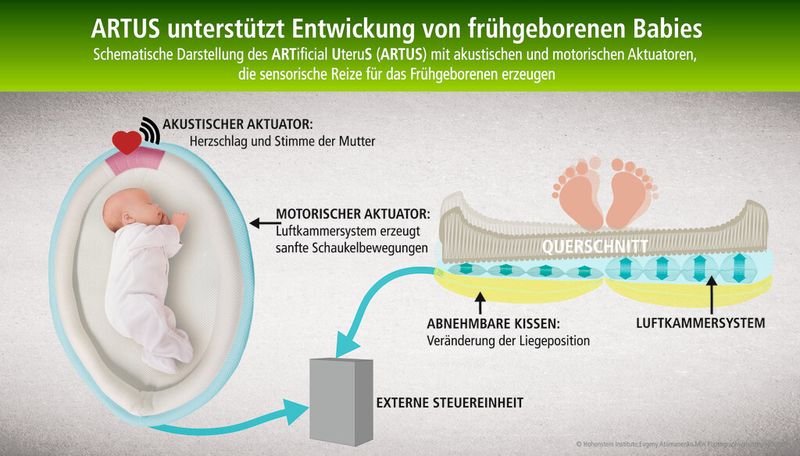 Wie im fötalen Stadium: Statt der Gebärmutter unterstützt ein textiler Uterus die senso-motorische Entwicklung unter anderem durch entsprechenden Herzschall der Mutter. (S. KaulitzkiFotolia)