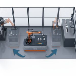 Mobile Robot Automation: Live demonstriert wurde das Ein- und Auswechseln von Werkzeugen und Werkstücken mit einem mobilen Roboter.(Bild:  WFL)