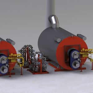 Wärmeträgeranlage bestehend aus zwei gasbefeuerten Kessel á 4.500 kW Leistung, Brennstoff-Strecken, Kaminanlagen und Doppelpumpen-Stationen