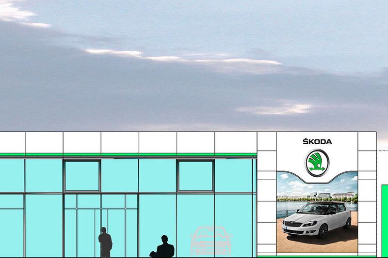 Visualisierung des  Skoda-Neubaus in Karlsruhe. Die Eröffnung ist für Anfang 2018 geplant. (Dienberg Architekten Gelsenkirchen)