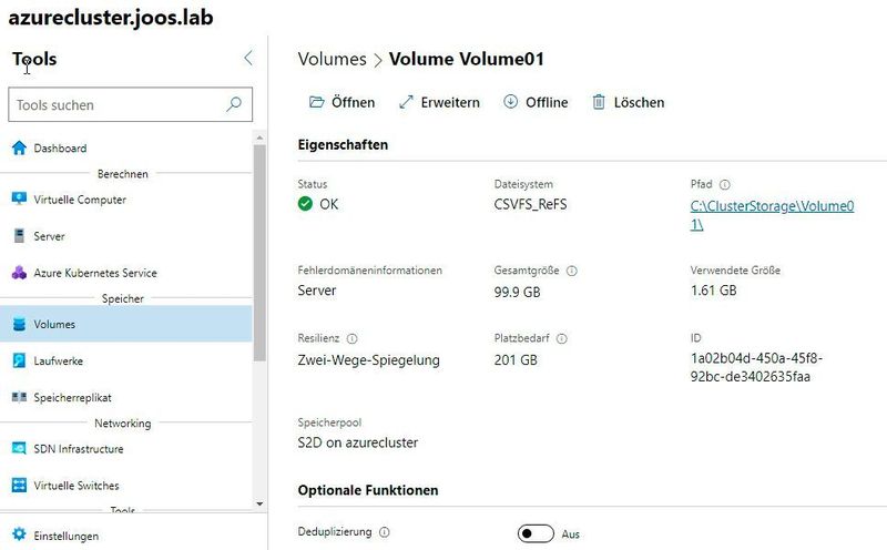 Verwalten der Volumes in „Storage Spaces Direct“ auf „Azure-Stack-HCI“-Cluster. (Joos/Microsoft (Screenshot))