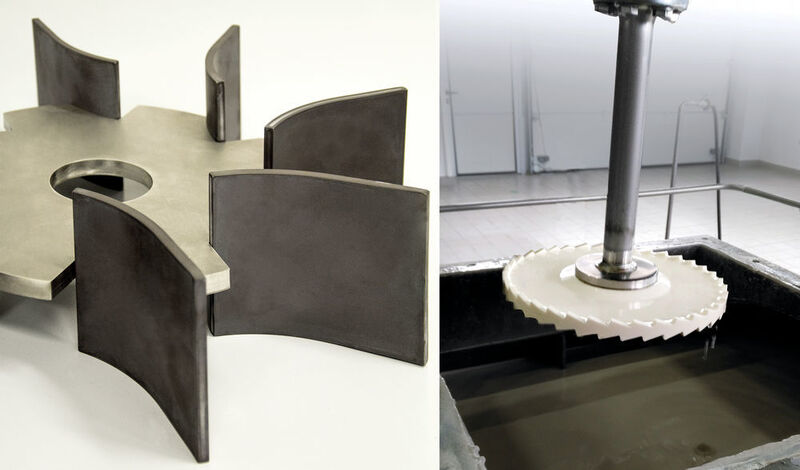 Composite EPOX-R with a metal support disc and solid ceramic (left), solid ceramic impeller / Mixer (right) (Ekato)