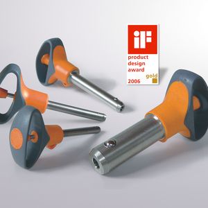 Kugelsperrbolzen, die aufgrund der ergonomischen Handhabung den IF Design Award in Gold erhielten. Sie werden durch Druck auf Griff entriegelt.