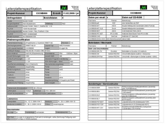 Beispiel einer Leiterplatten-Spezifikation: alle relevanten Infornmationen für den Hersteller des Boards oder der Baugruppe sind festgehalten(Bild:  tecnotron elektronik)