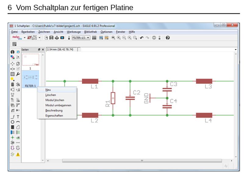 CadSoft Eagle7 im Überblick: Kontextmenü der Modulseite Filter:1 (Bild: CadSoft)