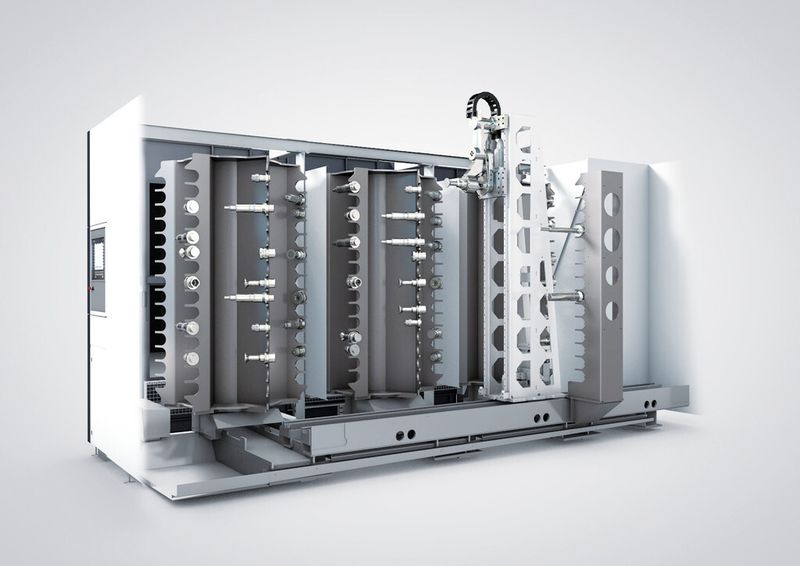 Bild 1: Beim Turmmagazin sind die Werkzeuge entsprechend der Lage der Hauptspindel in horizontaler Lage übereinander in Kämmen gespeichert. (Bild: Heckert)