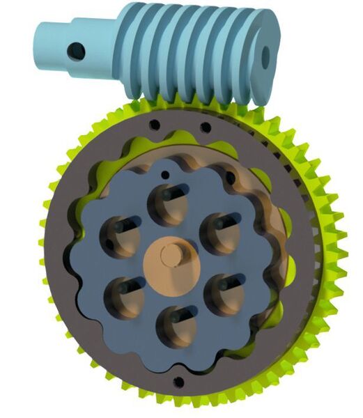 Zykloiden-Exzentergetriebe in ein Schneckengetriebe hineingebaut. (Maul Konstruktionen)