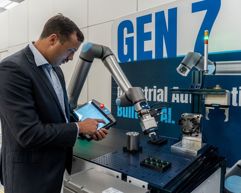 Christopher Savoia, Global Head of UR+ Ecosystem bei Universal Robots, präsentiert das neue SP7 Smart Panel an einem UR17g-1300-Roboter anlässlich der Vorstellung von Gen 7 – der Roboterplattform der 7. Generation von UR – auf der IMTS in Chicago am 14. September 2026.(Bild:  Bild Teradyne Robotics)