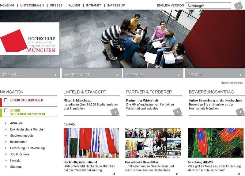 Das Corporate Design der Hochschule München spiegelt sich sowohl im Gebäude als auch im Logo und der Gestaltung auf der Website wider. (Archiv: Vogel Business Media)