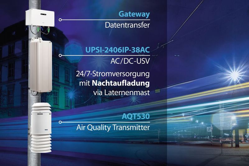 Das Gesamtsystem beseht aus dem Luftqualitätstransmitter VAISALA AQT530, einem Vaisala Gateway zur Datenkommunikation und der AC/DC-USV UPSI-2406IP-38AC von Bicker Elektronik.  (Bild: Bicker Elektronik/Vaisala/Adobe Stock Tobias Arhelger)