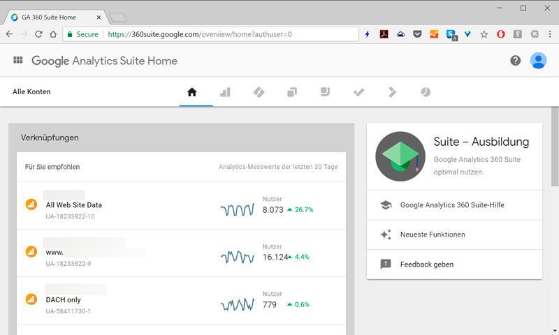 Google Analytics 360 Suite: Bei Google Analytics 360 Suite handelt es sich um eine Big-Data-getriebene Analytics-Plattform der Enterprise-Klasse mit zahlreichen Integrationen u. a. mit CRM-Systemen, E-Mail-Werkzeugen, Werbenetzwerken und Offline-Datenquellen. Auch dieser Dienst unterliegt natürlich der DSGVO.  (Martins/Kobylinska)