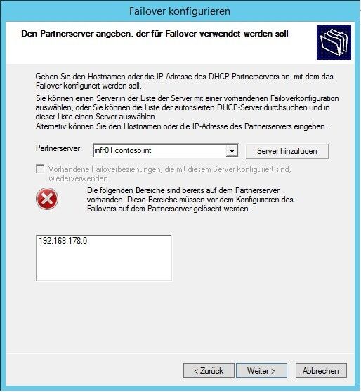 Abbildung 6: Ist der zweite Server ausgewählt, wird im Anschluss überprüft, ob der zweite Server für eine Replikation bereit ist. Wurde auf dem zweiten Server bereits ein identischer Bereich erstellt, erscheint eine Fehlermeldung. Die Bereiche der beiden DHCP-Server dürfen sich nicht überschneiden. (Joos)