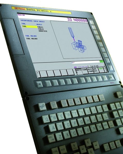 Fanuc GE bietet in den Steuerungen der Serien 30 i und 31 i einen 3D-Interference-Check. Mit geometrischen Hüllelementen kann der Bediener gefährdete Bereiche im Maschineninneren bis zu 1 µm genau nachempfinden. Bild: Fanuc GE (Archiv: Vogel Business Media)