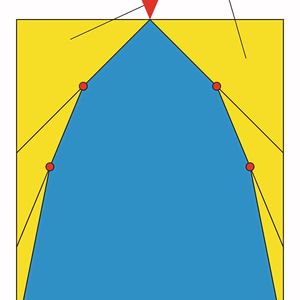 Abb. 1: Aus [1] ist bekannt, dass man bei kleinen Deformationen die unbelasteten Faulpelzecken einer rechteckigen Platte unter mittiger Einzellast gemäß der Kontur der Zugdreiecke abschneiden kann. Die Last wird praktisch allein durch den Druckkegel unter der Einzelkraft abgetragen. Die Kontur ähnelt einem Bachkieselbug.(Bild:  Mattheck)
