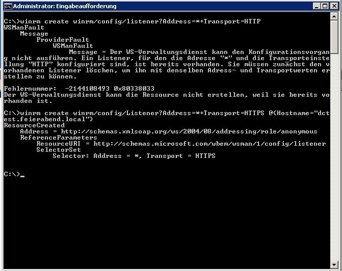Abbildung 3: Hiermit werden Listener auf dem Server erstellt. Für http wurde bereits ein Listener erstellt. Im zweiten Befehl zeigt das Bild, wie ein https-Listener erstellt wird. Die Angabe eines Thumbprint hinter dem Hostname (Bitte hier mit Semikolon trennen) ist möglich, aber nicht notwendig, wenn das voreingestellte Zertifikat verwendet werden soll. (Archiv: Vogel Business Media)
