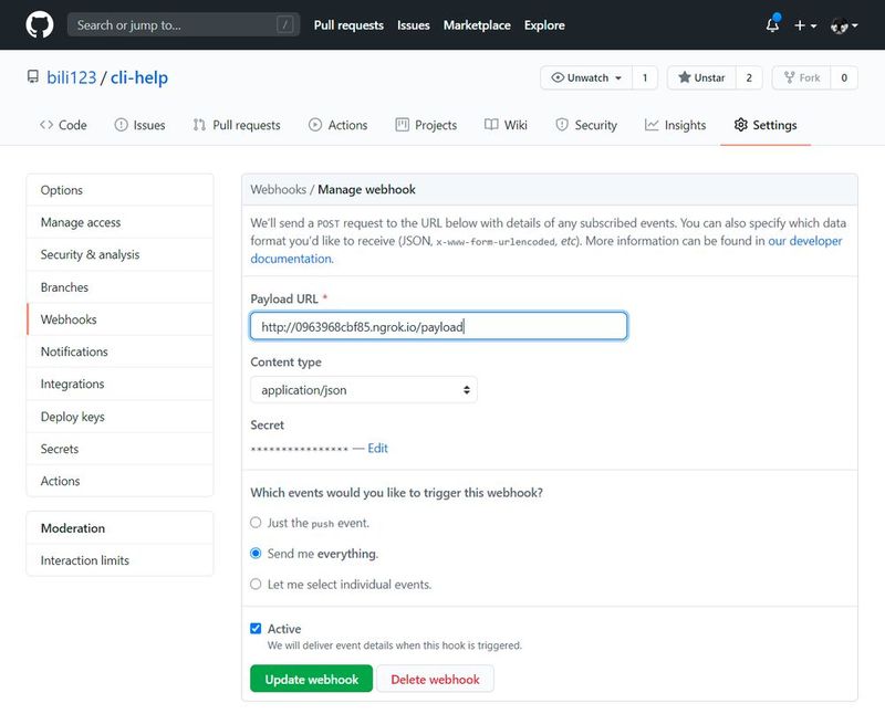 Die Webhook-Konfiguration in GitHub samt ngrok-URL.