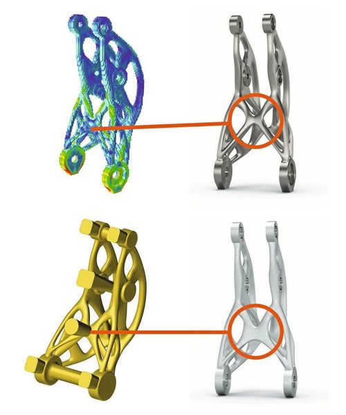 So verändert das Fertigungsverfahren die Geometrie: Der obere Kipphebel soll per SLM-Verfahren gedruckt werden. Dabei gilt es Stützstrukturen zu vermeiden. Wird der Kipphebel aber per Hybridguss hergestellt, ist eine Fläche nötig, um den Anguss anzubinden.  (Altair)